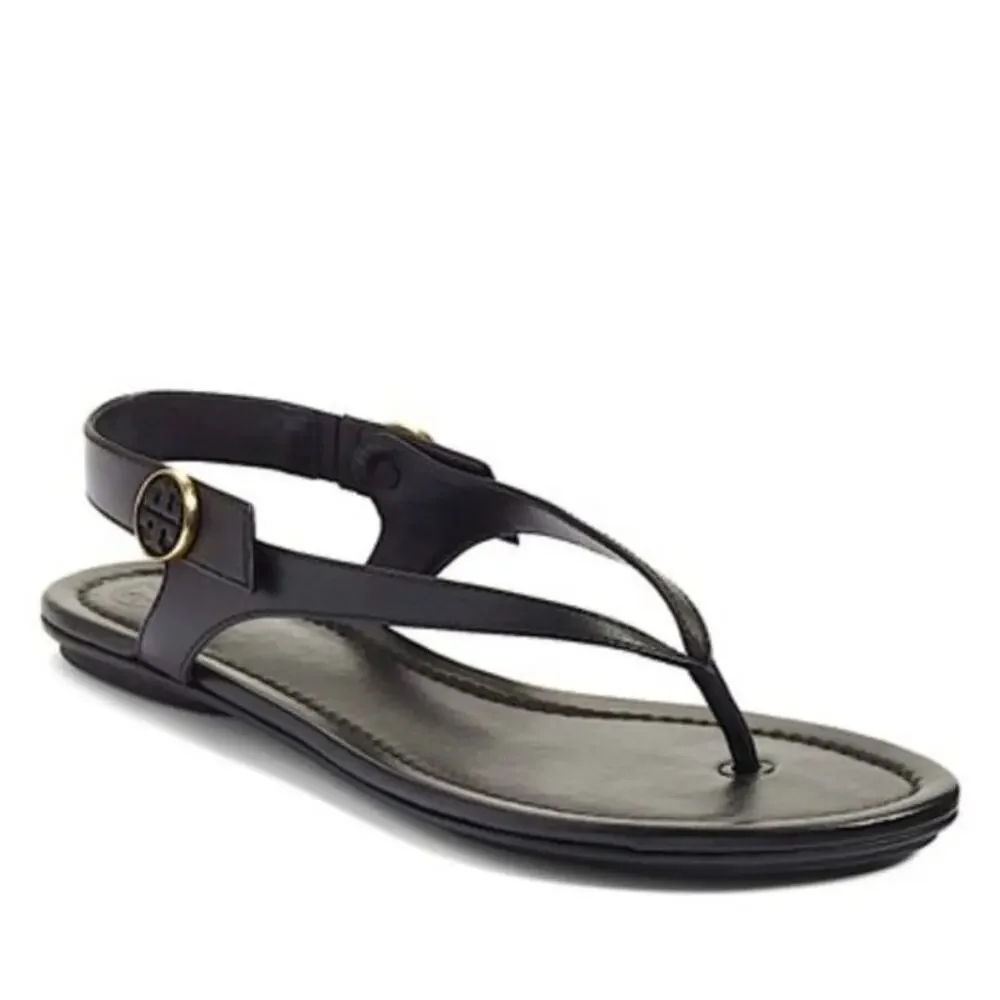 Tory Burch Minnie Travel Sandals Black Leather Thong Slingback Flat Shoes 6.5